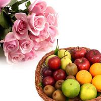 Pink Roses with Fresh Fruit Basket Hamper