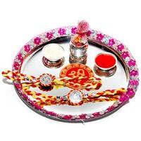 Decorative Steel Thali with Silver Rakhis