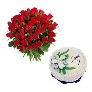 48 Red Roses & Pineapple Cake