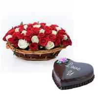 Roses Basket & Chocolate Cake