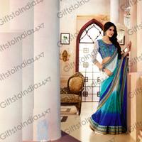 Blue, Cyan Blue & Off White Embroidered Saree