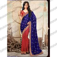 Brick Red & Royal Blue Embroidered Saree