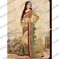 Tranquil Beige Embroidered Net Saree