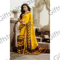 Chic Brown & Yellow Printed Faux Georgette Saree