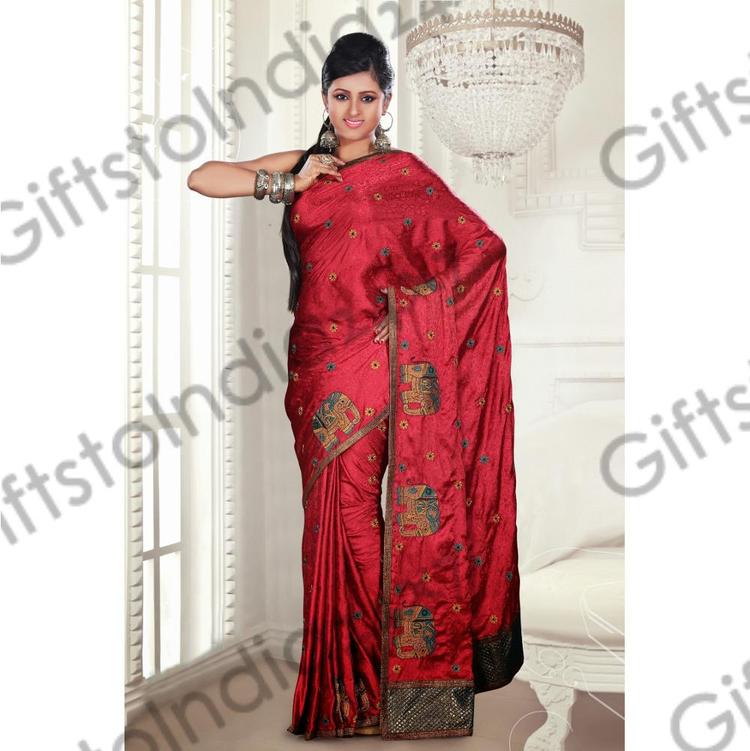 Gleaming Deep Scarlet Red Embroidered Saree