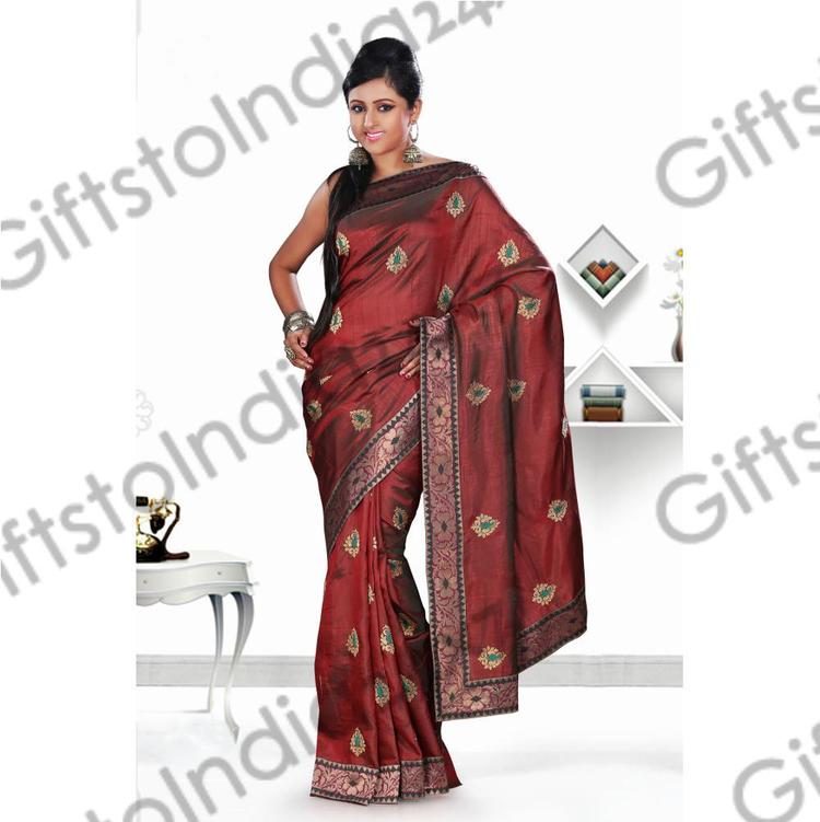Trendy Brick Red Embroidered Saree