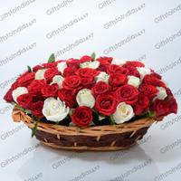 Red and White Roses in Oval Basket  Valentine