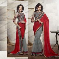 Alluring Gray & Red Embroidered Saree