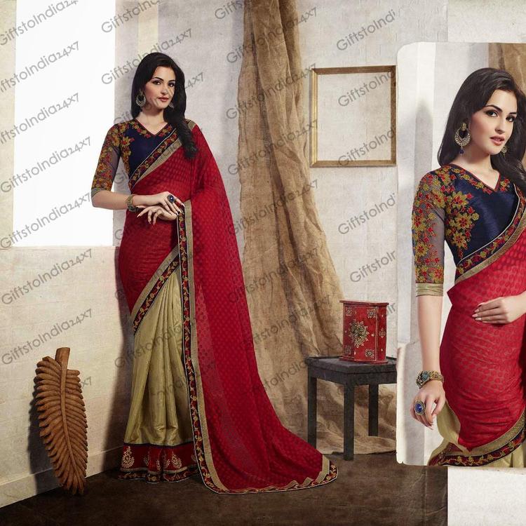 Attractive Beige & Red Embroidered Saree