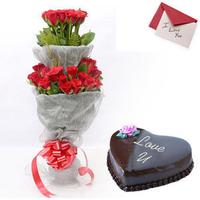 Red Rose Bunch & Chocolate Cake