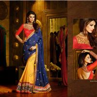 Contemporary Navy Blue & Yellow Embroidered Saree