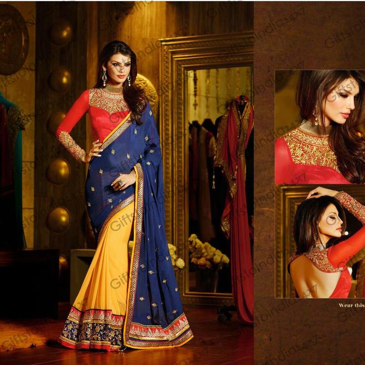 Contemporary Navy Blue & Yellow Embroidered Saree