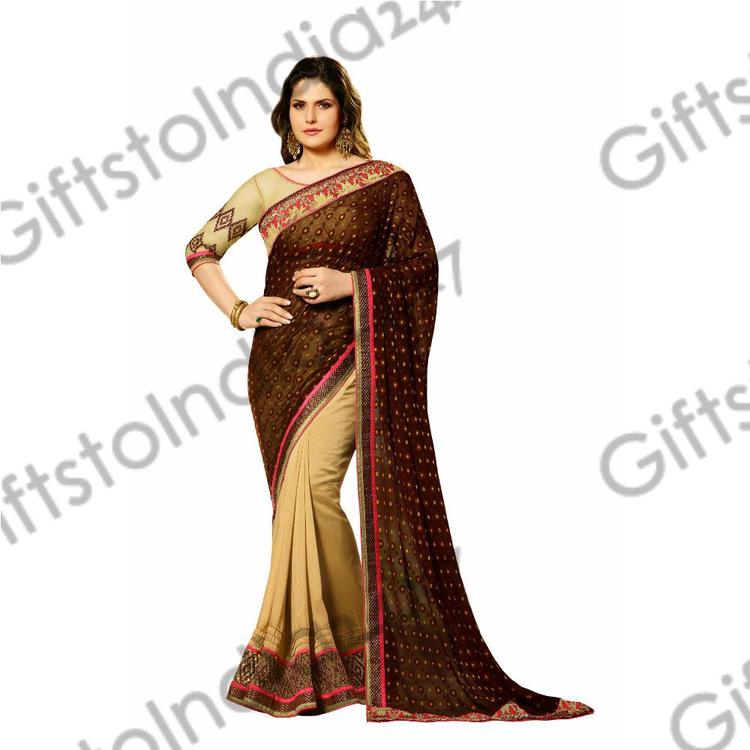 Beige & Brown Embroidered Saree