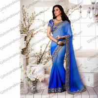 Marvelous Blue & Pale Blue Embroidered Chiffon Saree