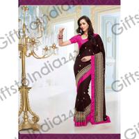 Classy Saddle Brown Embroidered Faux Georgette Saree