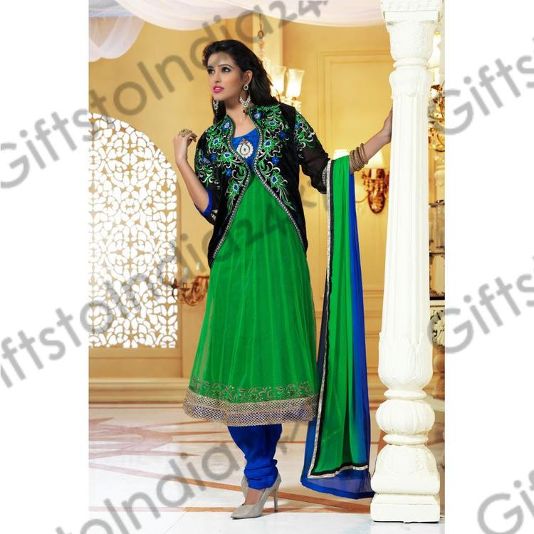 Flamboyant Blue & Green Net Salwar Kameez