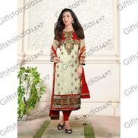 Melodic Buttercream & Red Faux Georgette Suit