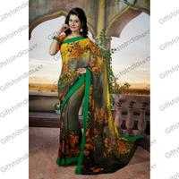 Black & Yellow Faux Georgette Embroidered Saree