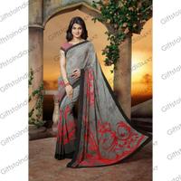 Charming Gray Faux Georgette Embroidered Saree