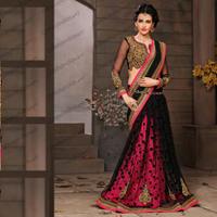 Black & Pink Faux Georgette, Net Embroidered Saree