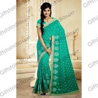 Greenish Blue Faux Georgette Embroidered Saree