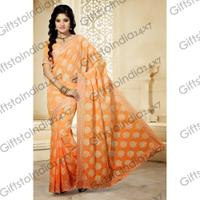 Chic Peach Puff Faux Georgette Embroidered Saree