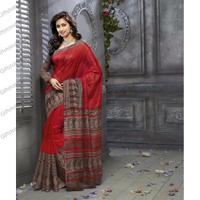 Flamboyant Brown & Red Bhagalpuri Silk Printed Saree