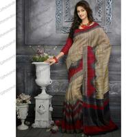 Plushy Deep Gray & Beige Bhagalpuri Silk Printed Saree