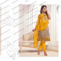 Alluring Gray & Yellow Chanderi Cotton Silk Suit