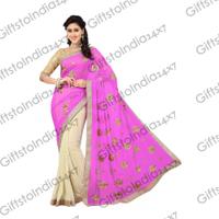 Fancy Off White & Pink Chiffon Embroidered Saree