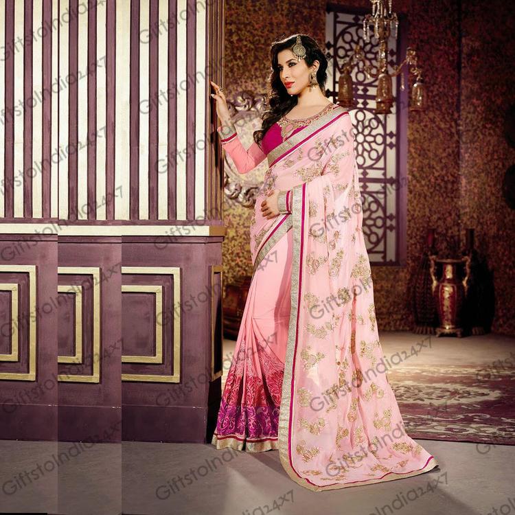 Elegant Rose Pink Faux Georgette Embroidered Saree