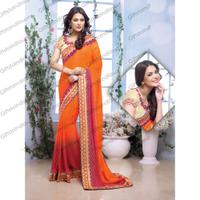 Classy Orange & Red Faux Georgette, Shimmer Saree