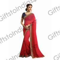 Alluring Red & Salmon Chiffon Embroidered Saree