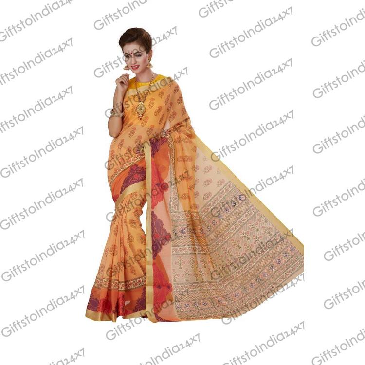 Fancy Orange Chanderi Cotton Silk Printed Saree