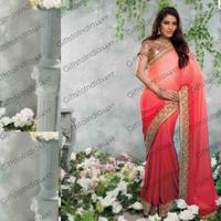 Flamboyant Red & Pale Red Satin Embroidered Saree