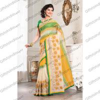 Cream, Green & Yellow Chanderi Cotton Silk Saree