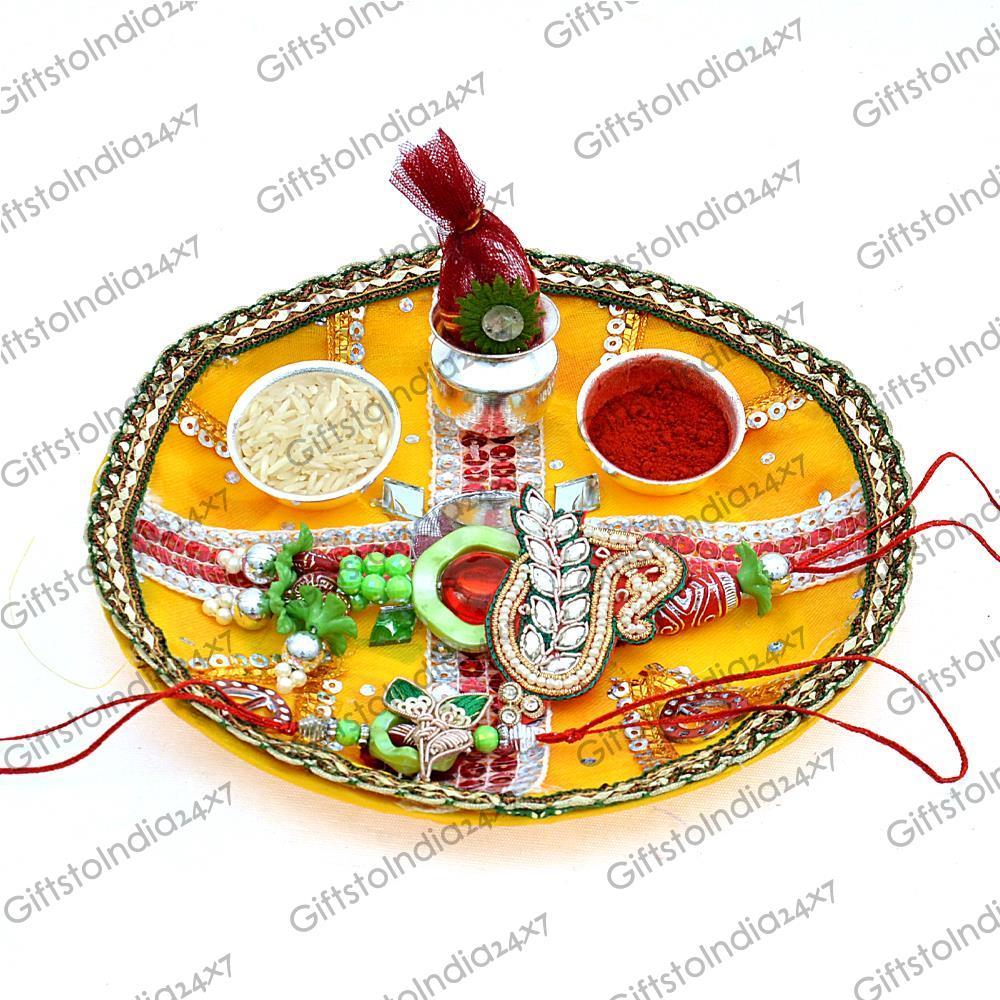Rakhi Set Für Raksha Bandhan - 4-teiliges Familien Set Mit Puja Thali