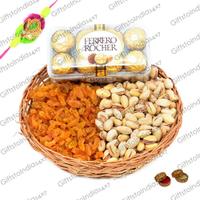 Ferrero Rocher and Dry Fruits Basket with Rakhi