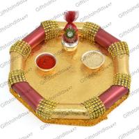 Golden & Maroon Colored Handmade Thali