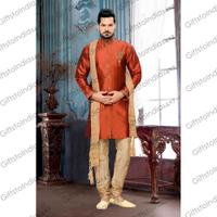 Men's Shantoon Fabric Orange Color Sherwani