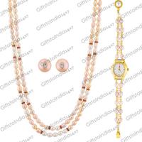 Pink Pearl Necklace Set With Watch