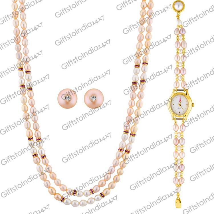 Pink Pearl Necklace Set With Watch