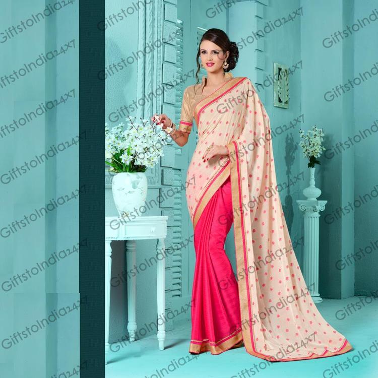Printed Pallu Saree - Beige & Pink
