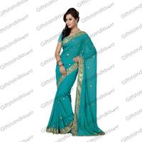 Greenish Blue Saree With Gorgeous Embroidered Pallu