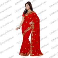 Deep Scarlet Saree With Nice-looking Embroidered Pallu
