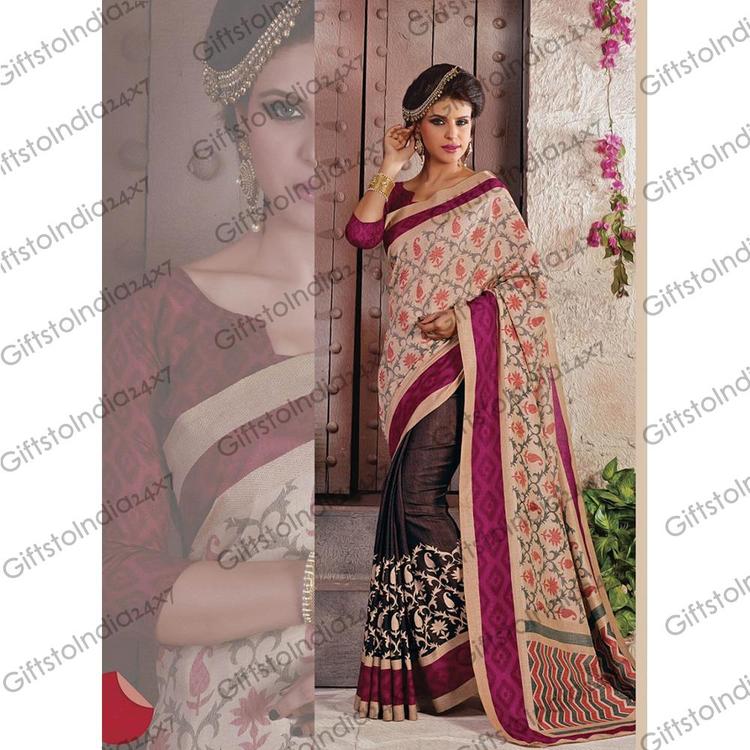 Classic Looking Silk Brown Ethnic Saree For Womens