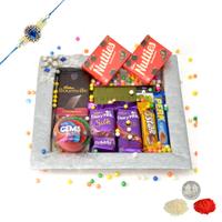 Silver Tray of delectable Chocolates with Rakhi