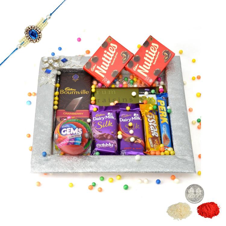 Silver Tray of delectable Chocolates with Rakhi