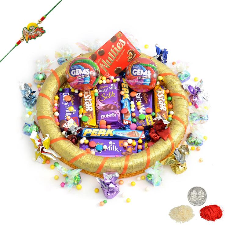 Round Golden Tray of Chocolates with Rakhi