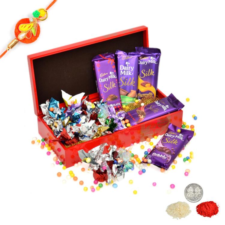 Yummy Chocolates in Red Box with Rakhi
